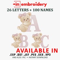Teddy Bear Girl Alphabet Embroidery – Applique & Filled + 100 Names