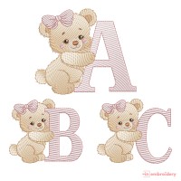 Teddy Bear Girl Alphabet Embroidery – Applique & Filled + 100 Names