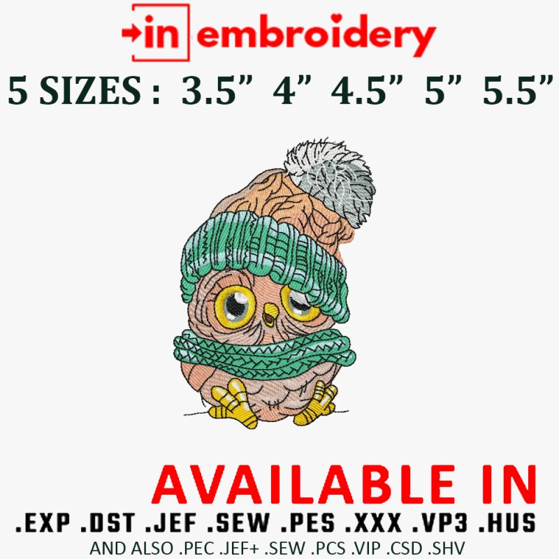 Owl Snow Embroidery Design 5 Sizes