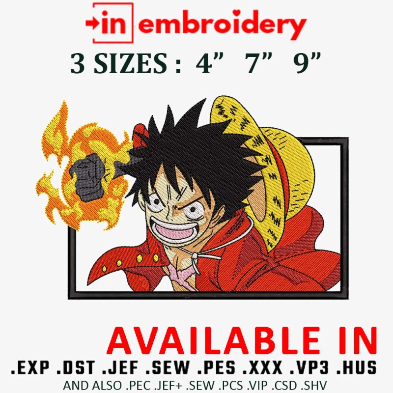 Luffy Fire Punch Hand Embroidery Design 3 Sizes