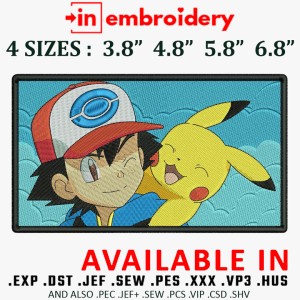 Ash and Pikatchu Embroidery Design 4 Sizes