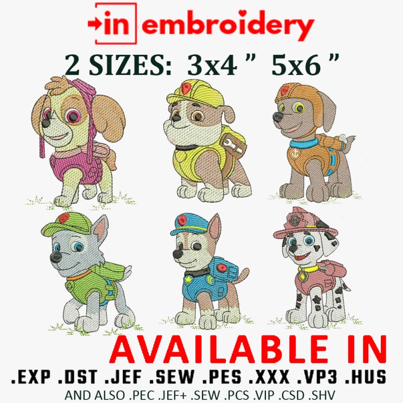 6 Paw Patrol Main Character Embroidery Designs 2 Sizes