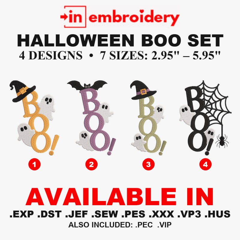 BOO Halloween Ghost Embroidery Designs – 4 Designs, 7 Sizes