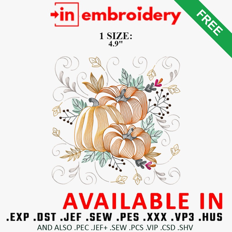 Pumpkins and Autumn Leaves Embroidery Design – 1 Size