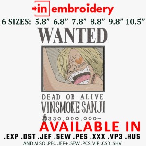 Bounty Sanji Embroidery Design 6 Sizes