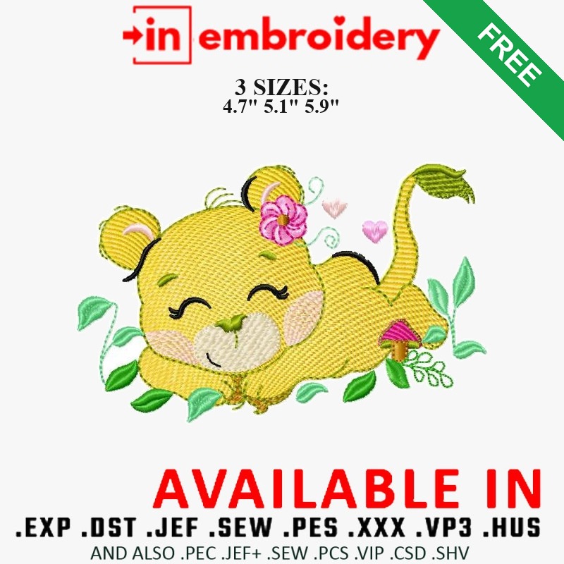 Sleeping Lioness with Flowers Embroidery Design 3 Sizes Free Download