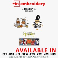 Spooky Halloween Embroidery Designs Bundle – 4 Designs, 11 Sizes