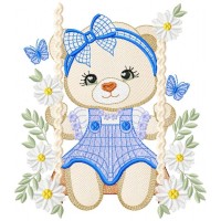 Teddy Bear Girl on Swing with Daisies Embroidery Design Free Download