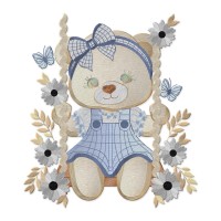 Teddy Bear Girl on Swing with Daisies Embroidery Design Free Download