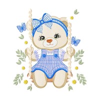 Teddy Bear Girl on Swing with Daisies Embroidery Design Free Download