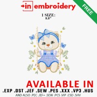 Teddy Bear Girl on Swing with Daisies Embroidery Design Free Download