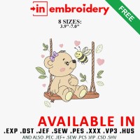 Teddy Bear on Swing with Bee Embroidery Design 8 Sizes Free Download