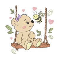 Teddy Bear on Swing with Bee Embroidery Design 8 Sizes Free Download