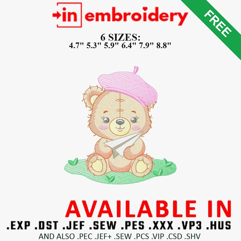 Teddy Bear with Paper Plane Embroidery Design 6 Sizes Free Download