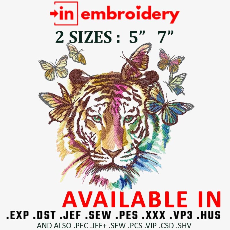 Tiger x Butterflies Embroidery Design 2 Sizes