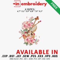 Violin Cherry Blossom Embroidery Design 6 Sizes Free Download