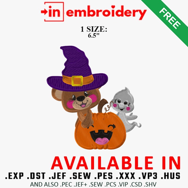 Witch Bear with Pumpkin and Ghost Embroidery Design – 1 Size