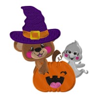 Witch Bear with Pumpkin and Ghost Embroidery Design – 1 Size