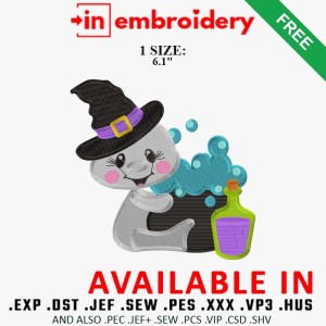 Witch Hat Ghost with Potion Embroidery Design – 1 Size Witch Hat Ghost with Potion Embroidery Design – 1 Size