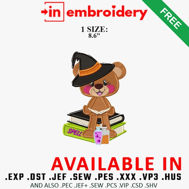 Witch Teddy Bear on Spell Books Embroidery Design – 1 Size