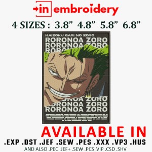 Roronoa Zoro Poster Embroidery Design 4 Sizes