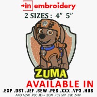 Zuma from Paw Patrol Embroidery Designs 2 Sizes