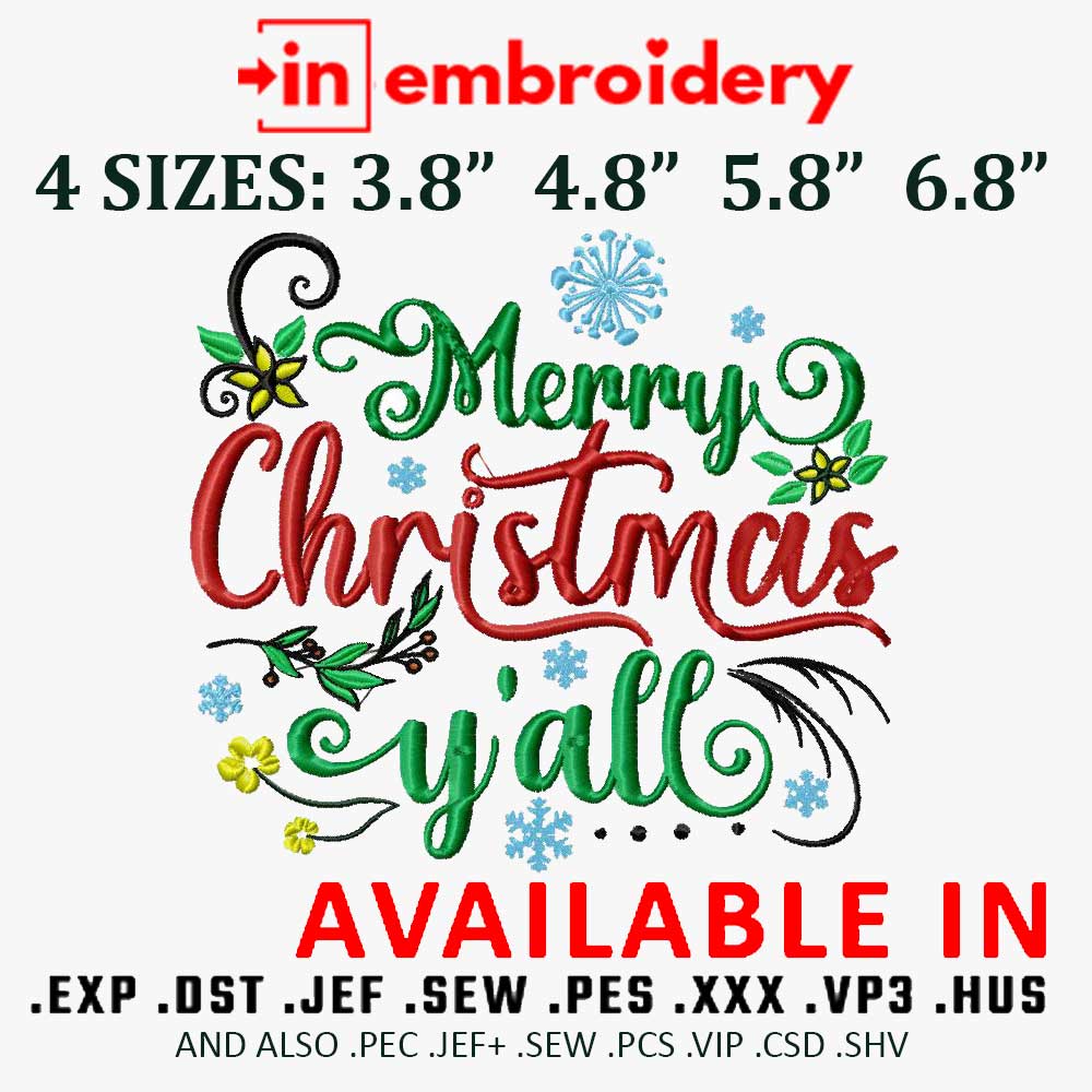 Merry Christmas Yall Machine Embroidery Design 4 Sizes