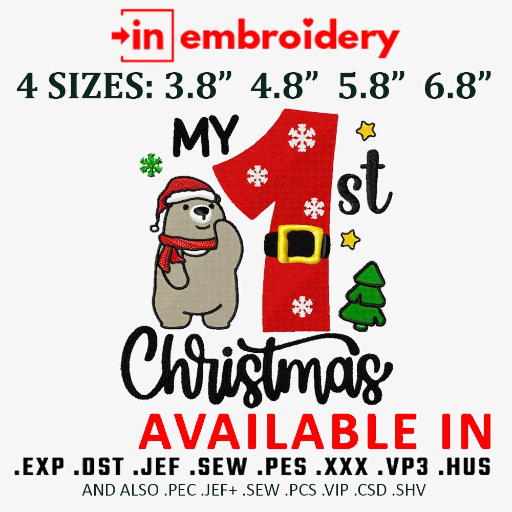 My 1st Christmas Cute-Bear Machine Embroidery Design 4 Sizes Free Download