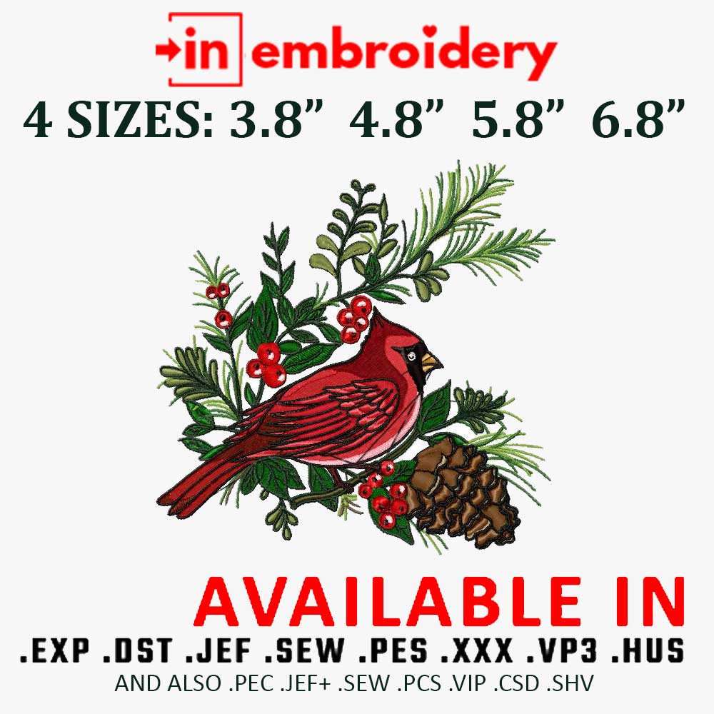 Red Cardinal Bird on Tree Branch Christmas Christmas machine Embroidery Design 4 Sizes